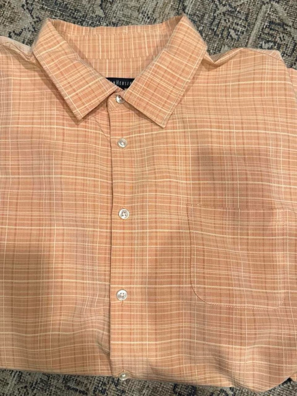 Van Heusen Men's Peach Plaid Button-Down Shirt - Soft Orange Tone